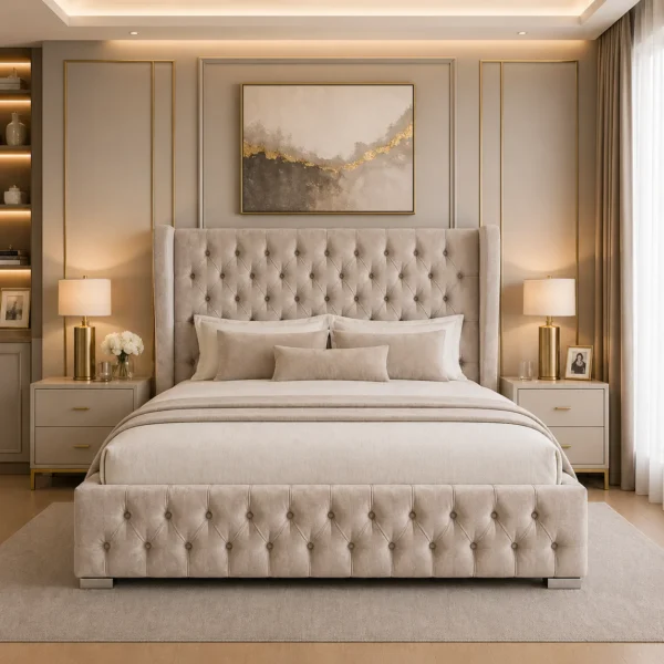 Queen Mary Plush Upholstered Bed Frame – Luxury Fabric Frame Bed UK