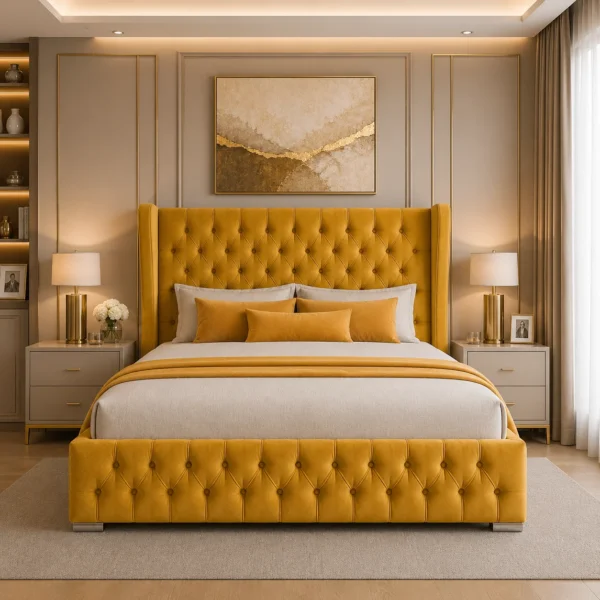 Queen Mary Plush Upholstered Bed Frame – Luxury Fabric Frame Bed UK